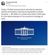 Xây nhà máy 4 tỷ USD tại Mỹ, VinFast của tỷ phú Phạm Nhật Vượng được đính thân Tổng thống Joe Biden chúc mừng trên Twitter